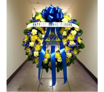  30" BLUE AND GOLD WREATH WITH BANNER AND PLACARD [TT-ANC70] - 30" BLUE AND GOLD WREATH BY TWIN TOWERS FLORIST      As Shown : TT-ANC70 