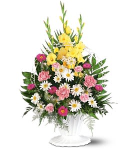  Basket of Faith [TF187-4] - This classic basket of traditional flowers displays an abiding faith to all who attend the service.  One arrangement with pink carnations and asters, white daisies, yellow gladioli and soft foliages is delivered in a white funeral basket with handle.  Approximately 21" W x 33" H  Orientation: One-Sided      As Shown : TF187-4 