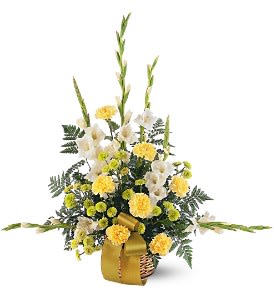 Vibrant Yellow Basket [TF187-2] - This traditional arrangement with its yellow, green and white will send your most comforting wishes to family and friends.  One arrangement with white gladioli, yellow carnations, and chartreuse button chrysanthemums is delivered in a round wicker basket.  Approximately 34" W x 35" H  Orientation: One-Sided      As Shown : TF187-2  