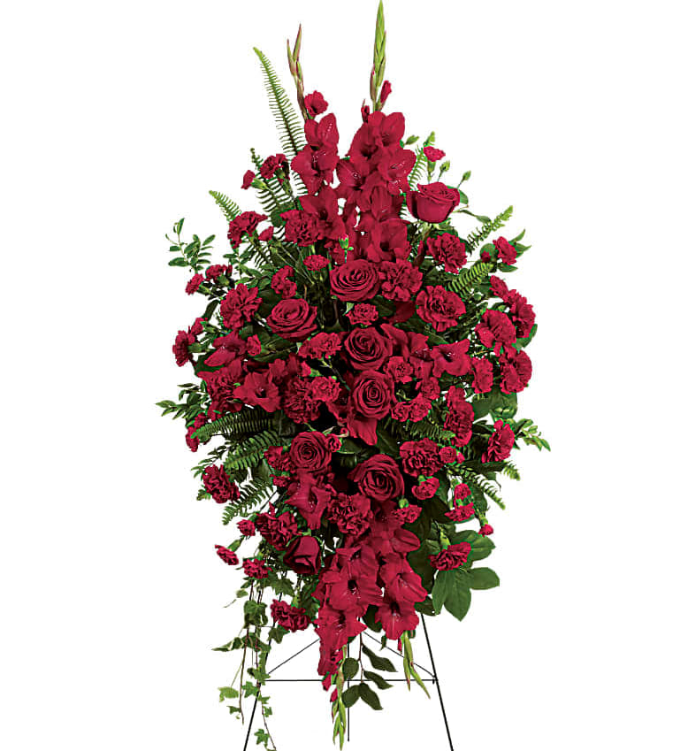 [TT-SPRAY22]:  DEEP IN OUR HEARTS  - Twin Towers Florist, Arlington VA - DEEP IN OUR HEARTS SPRAY ON EASEL BY TWIN TOWERS FLORIST IN ARLINGTON, VA  All red roses, carnations mini carnations, gladioli  26" W x 52" H