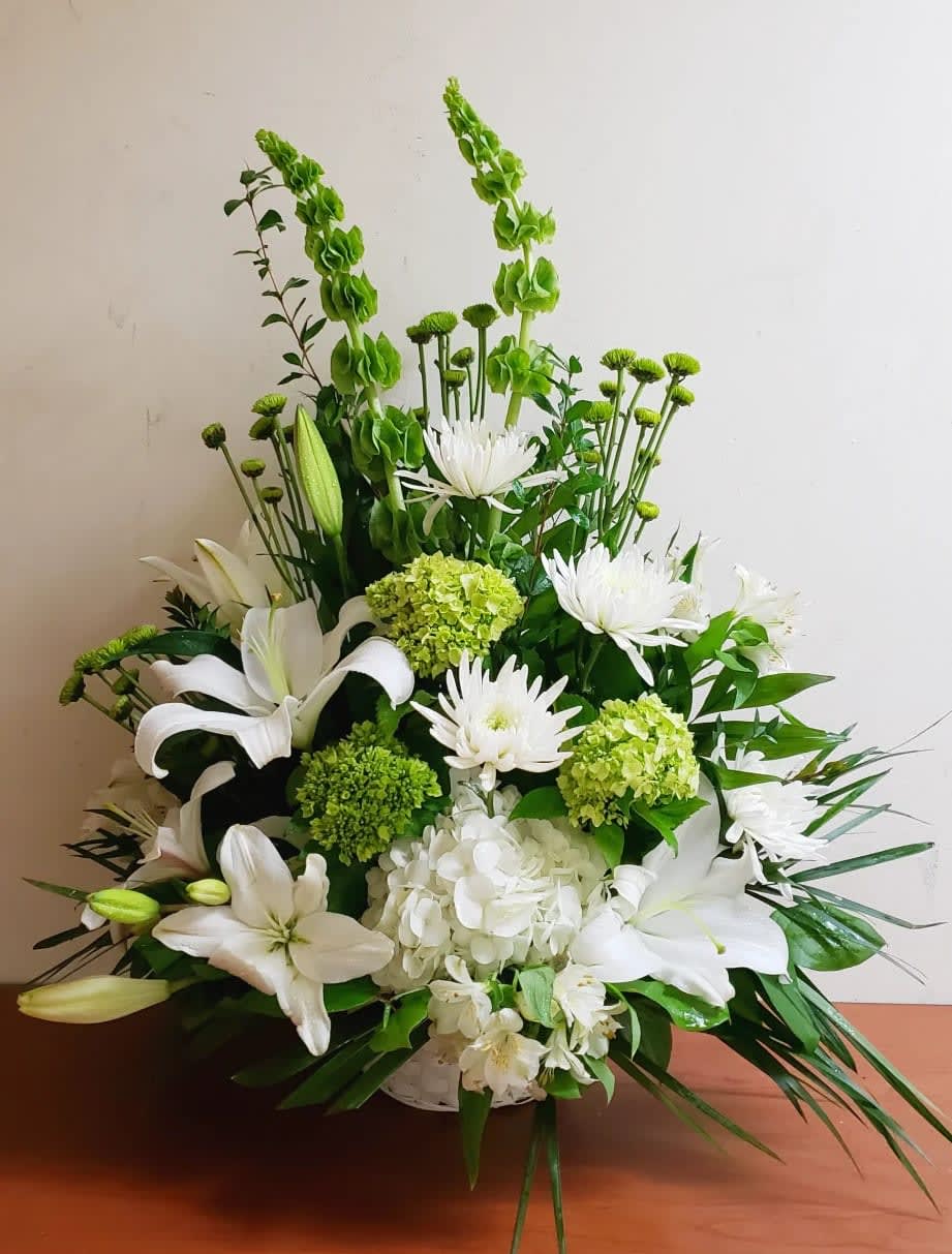 [TT-ARR164]:  WHITE AND GREEN BASKET BY TWIN TOWERS FLORIST - WHITE AND GREEN BASKET ARRANGEMENT by Twin Towers Florist in Arlington VA 