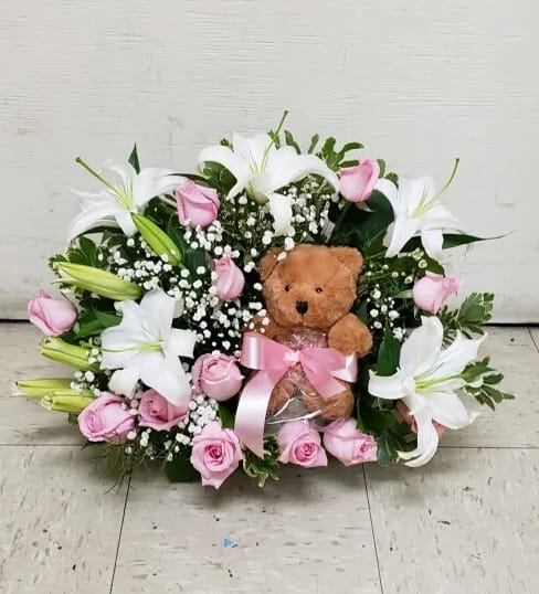 [TT-ARR177]:  TEDDY BEAR EMBRACE IN PINK AND WHITE - TEDDY BEAR EMBRACE IN PINK AND WHITE BY TWIN TOWERS FLORIST IN ARLINGTON VA