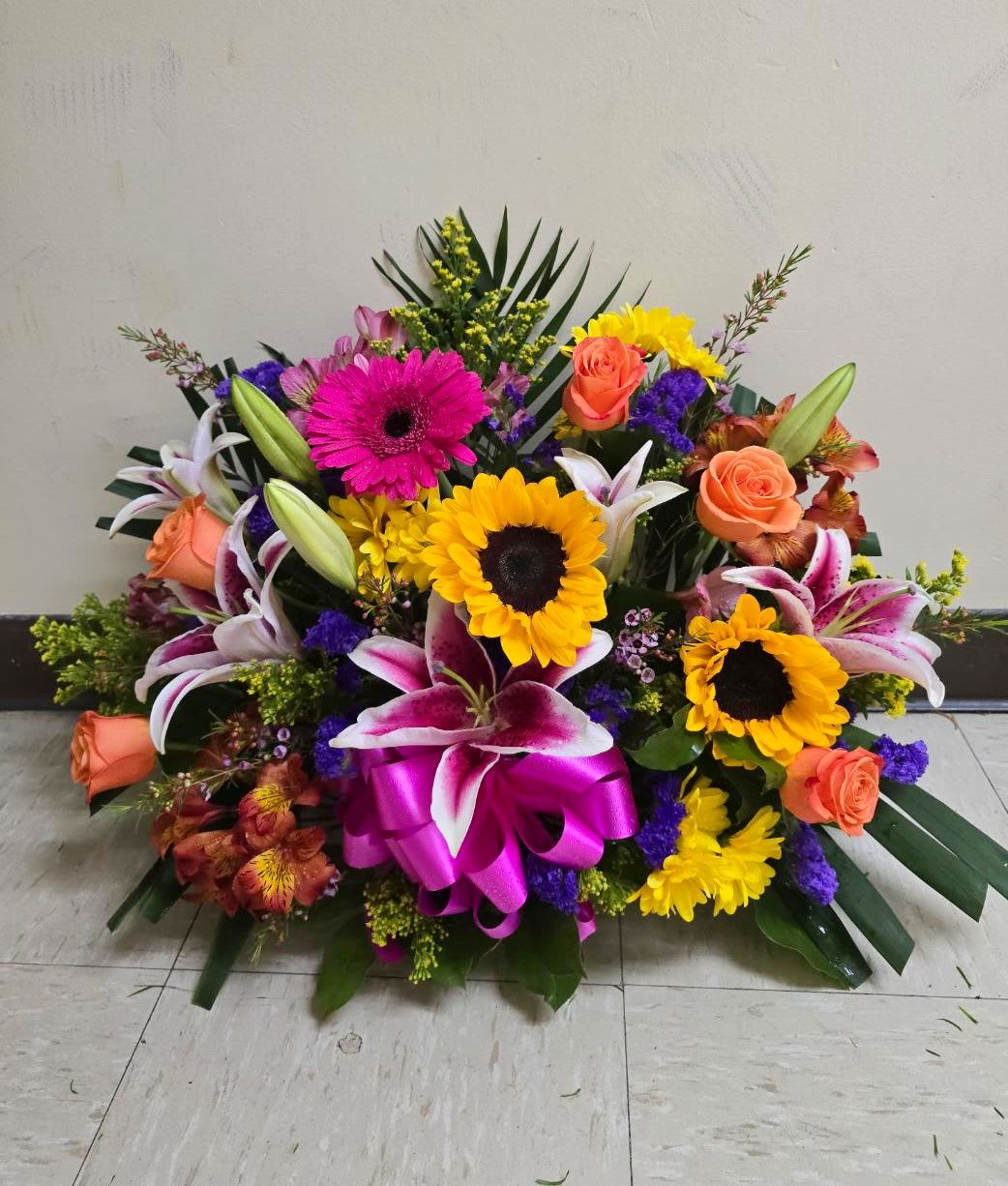 VIBRANT EMBRACE CEMETERY CENTERPIECE - VIBRANT EMBRACE CEMETERY CENTERPIECE BY TWIN TOWERS FLORIST