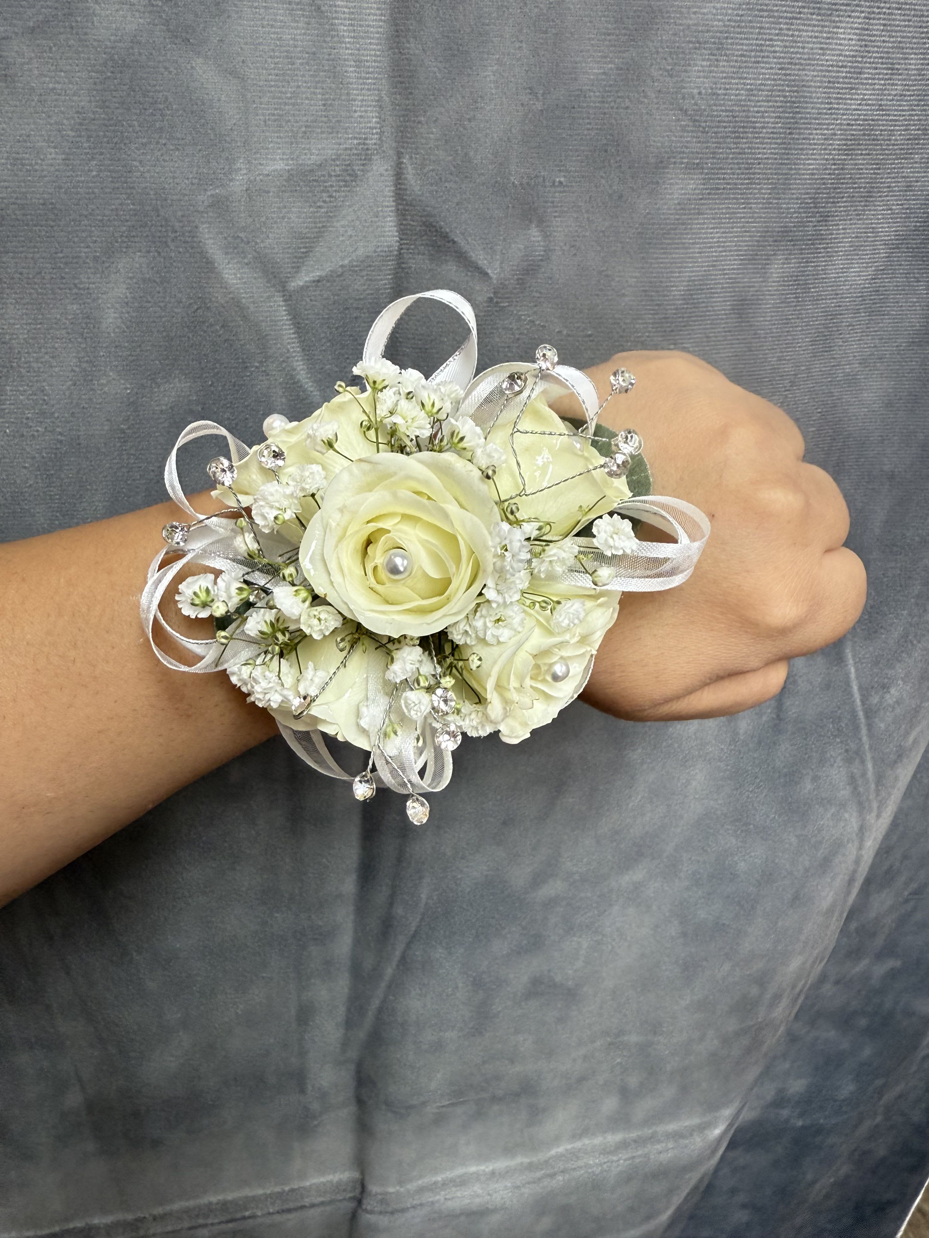 Silver White Spray Roses round corsage - White spray roses with silver ribbon and diamond accents round corsage with pearl bracelet 