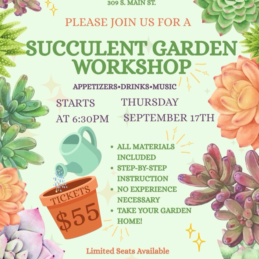 Succulent garden workshop flyer with illustrated succulents and a watering can