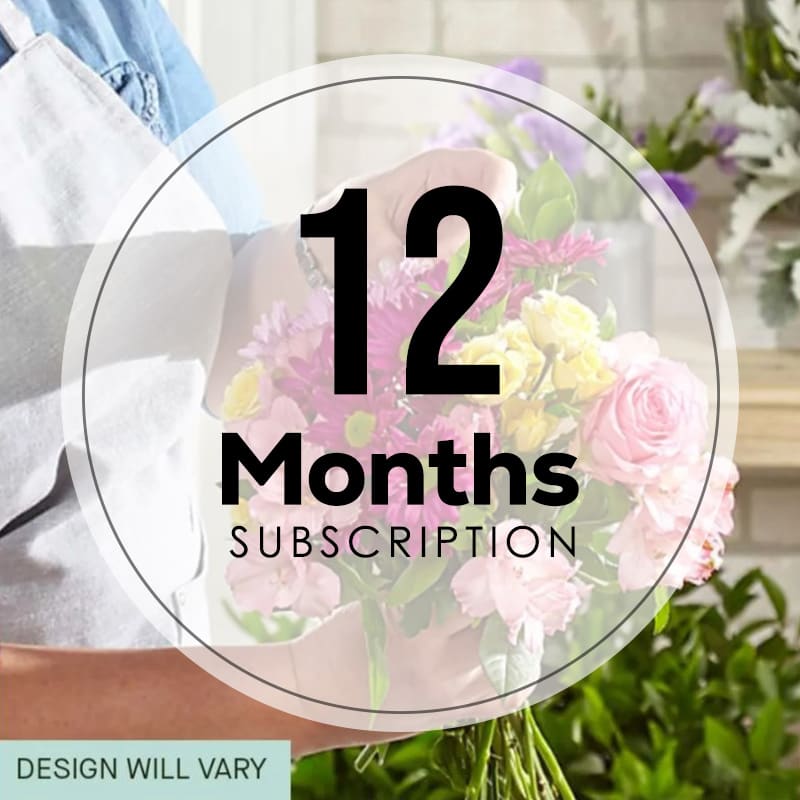 Person holding a mixed pink and yellow bouquet with a 12 months subscription overlay