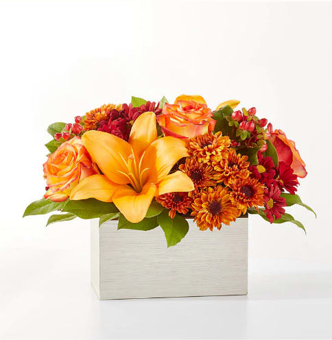 Backyard Bonfire Bouquet - Step into autumn with fiery red and orange petals, expertly arranged to offer a moment of solace, joy or celebration to those you love most.