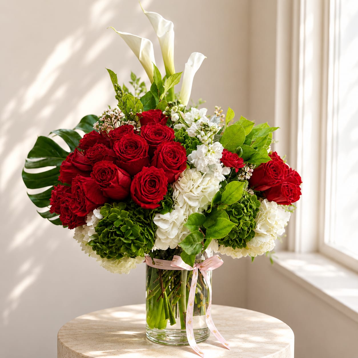 Amore Eterno Roses Bouquet - Rouge - Amore Eterno Roses Bouquet: 3 doz. roses, hydrangeas, fillers, greens, and orchids placed in a beautiful clear cylinder / square vase decorated with stylish ribbon  Substitution Policy: If the exact flowers or container you have selected are not available our flowers designers will substitute items of equal or higher value keeping the same size and style of the arrangement chosen. To confirm flower availability please contact us before ordering. Delivery Policy: For same day deliveries, orders must be placed before 2:00 pm ET. Orders after 2:00 pm please call us to confirm delivery availability. DELIVERY TIMES ARE NOT GUARANTEED!!!