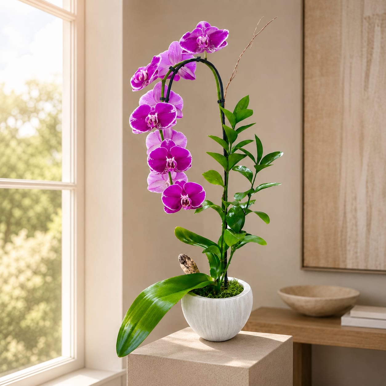 Orchid Single Ceramic - Pink - 1 single stem accented with greens, stones, curly willow completed with a greeting card. Color of orchid may vary.