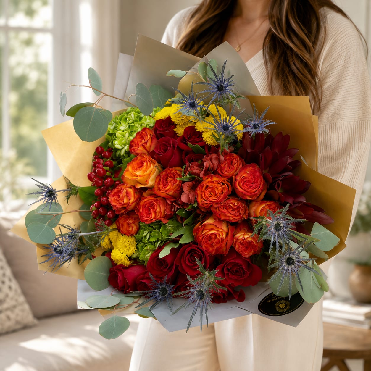 Large bouquet of red and orange roses with yellow blooms and blue thistle accents
