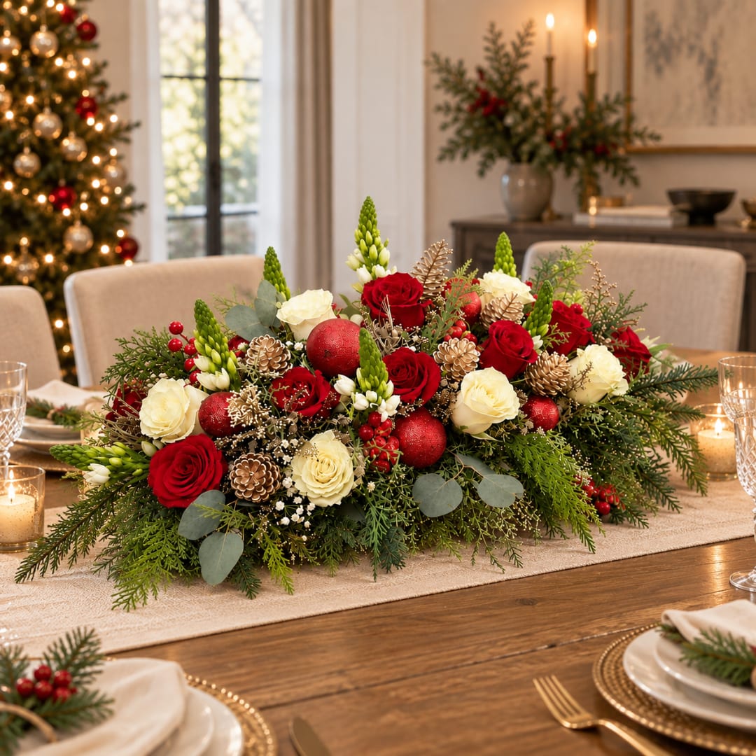 Low holiday centerpiece with red and white roses on a dining table