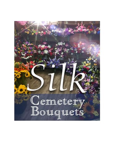 Poster reading Silk Cemetery Bouquets over a collage of colorful flower arrangements