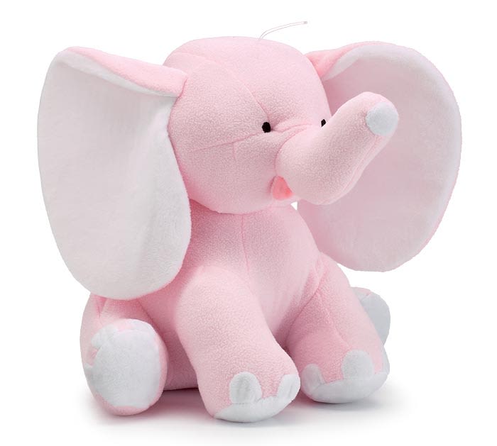 Pink plush elephant toy with white ears and feet