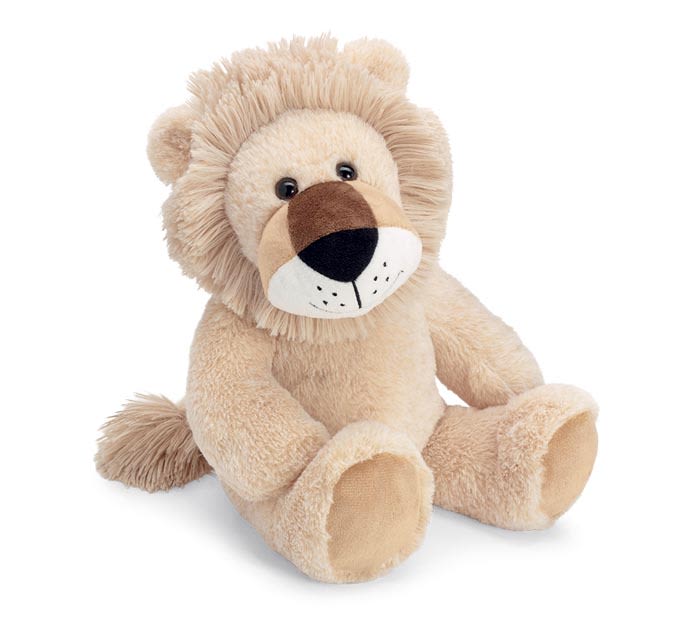 Soft beige plush lion toy with shaggy mane sitting against a white background