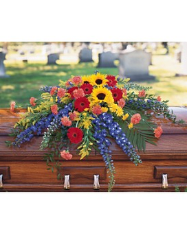 Vibrant Summer Casket Spray - Pay tribute to a colorful rich life with this casket spray of summer flowers. One casket spray arrives decorated with radiating stalks of hybrid blue delphinium and clusters of red gerberas yellow sunflowers and orange carnations. Approximately 47" W x 32" H As Shown : TF202-1   TF202-1