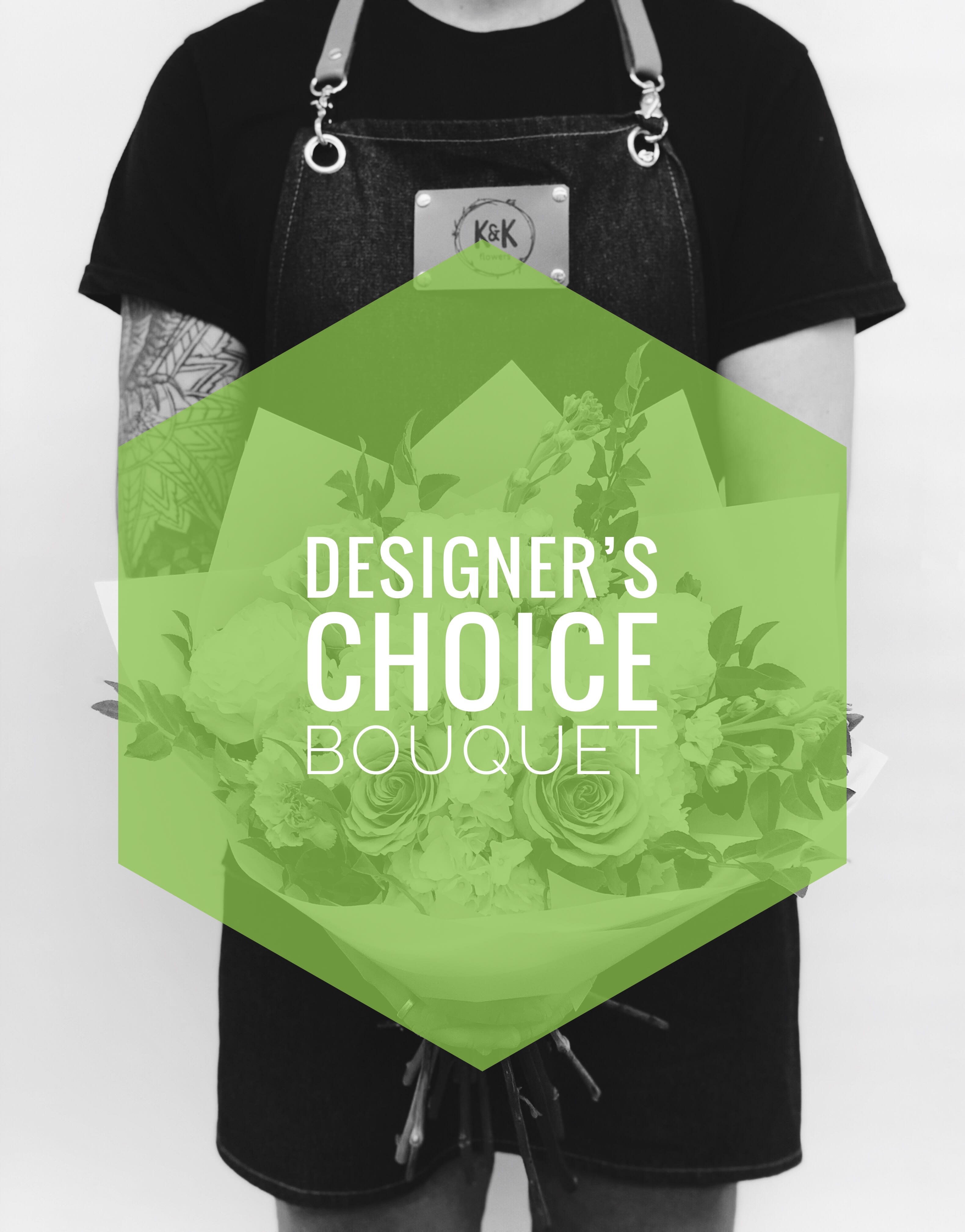 Person holding a bouquet wrapped in paper with "Designer’s Choice Bouquet" text