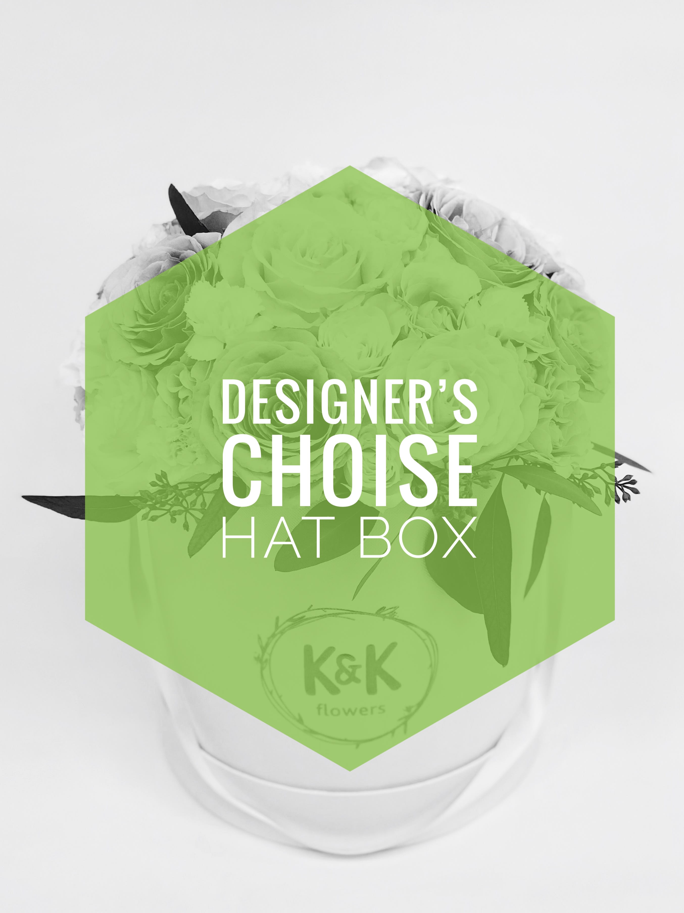 White hat box arrangement with mixed roses and foliage
