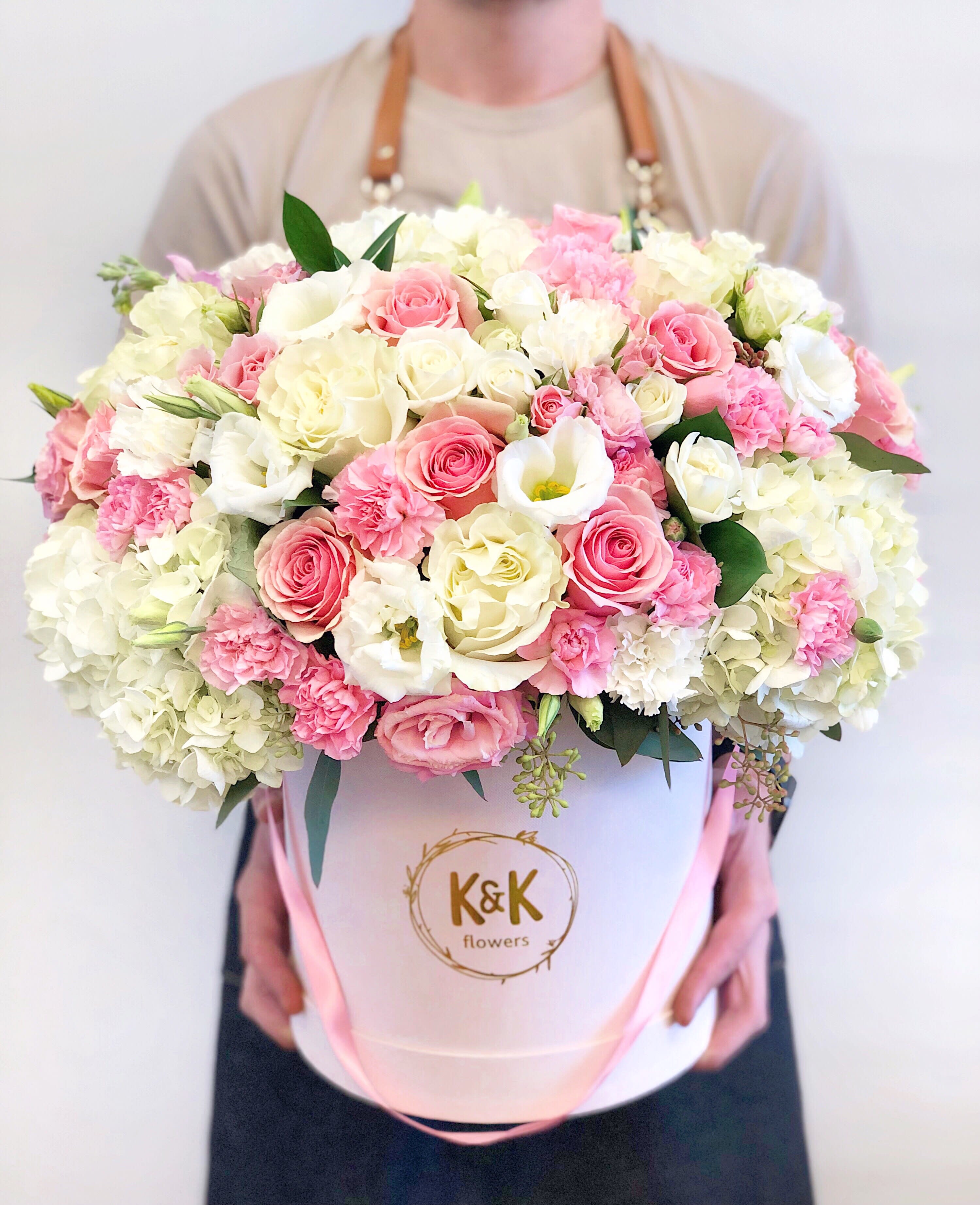 Large bouquet of pink and white roses in a white hat box