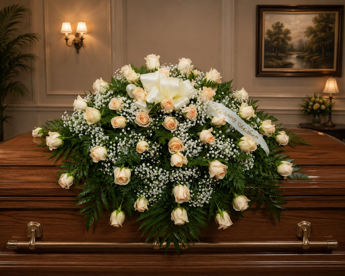 C17 Peach Rose Casket Spray - An array of peach roses sprinkled with baby's breath.