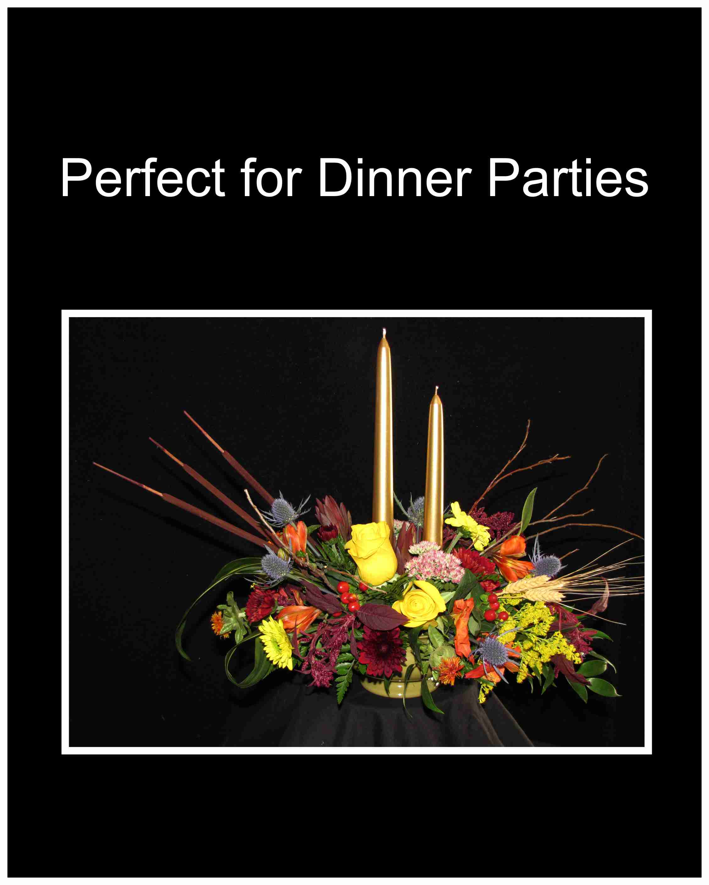 Autumn Elegance Arrangement - Low table arrangement, with seasonal fall flowers using tiger lilies and fall colored mums. Lovely, low and colorful includes 2 candle