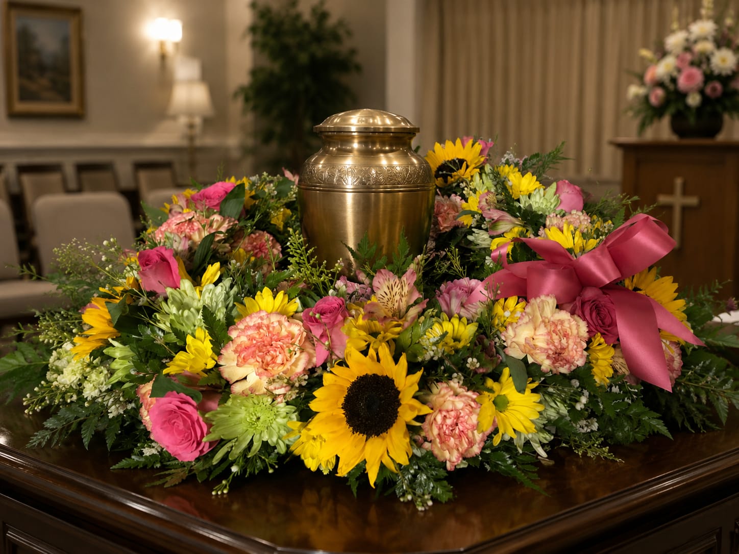 Colorful Urn Wreath - A colorful mix of fresh flowers , carnations, roses, spider mums,  sunflowers and greens.  Due to availability at order, substitutions may apply.