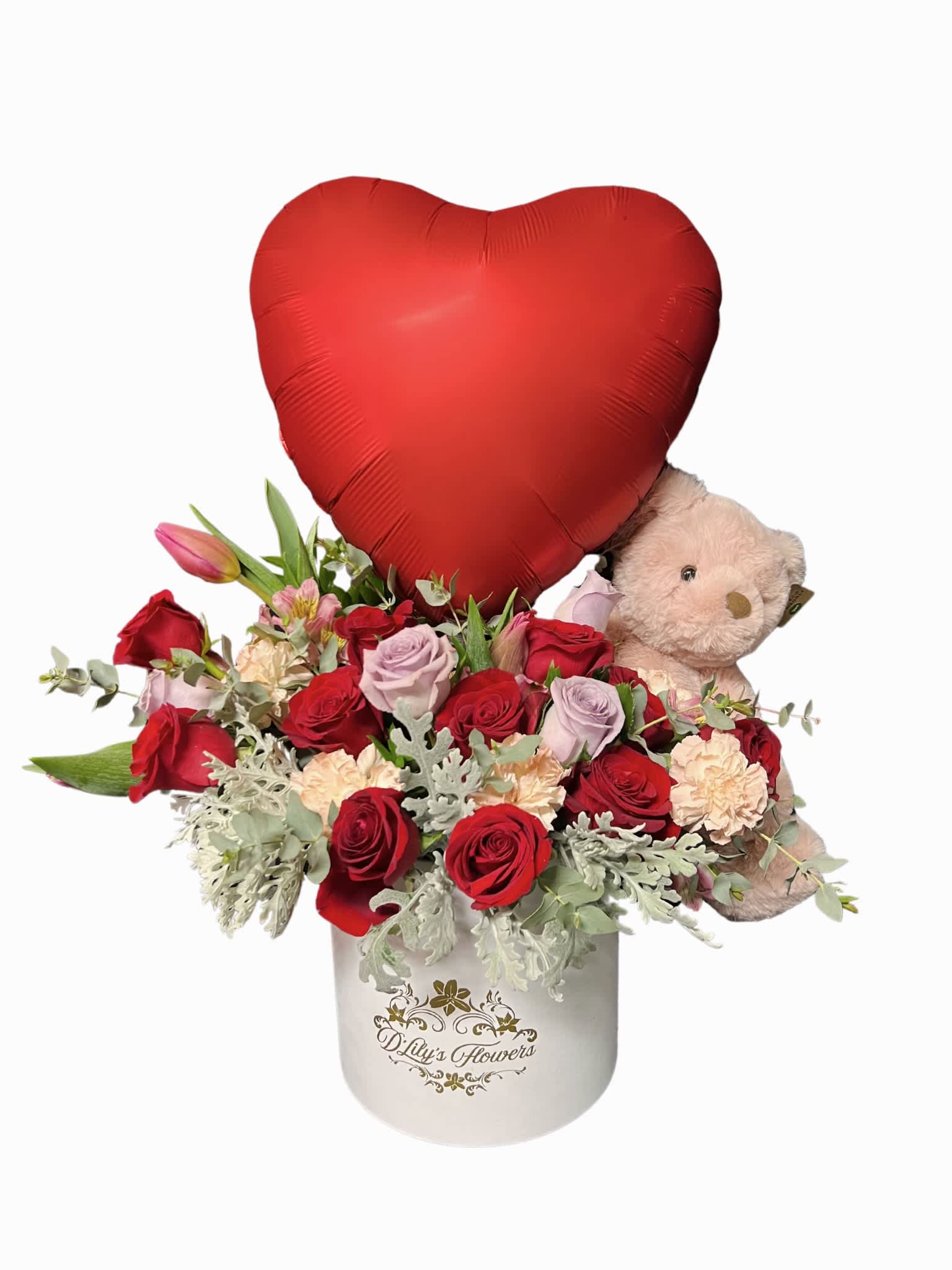 Sweet Love  by D'Lily's Flowers  - A beautiful box of mix flowers, roses carnations tulips and greens. Joined with a cute teddy bear and a red heart shaped balloon. 