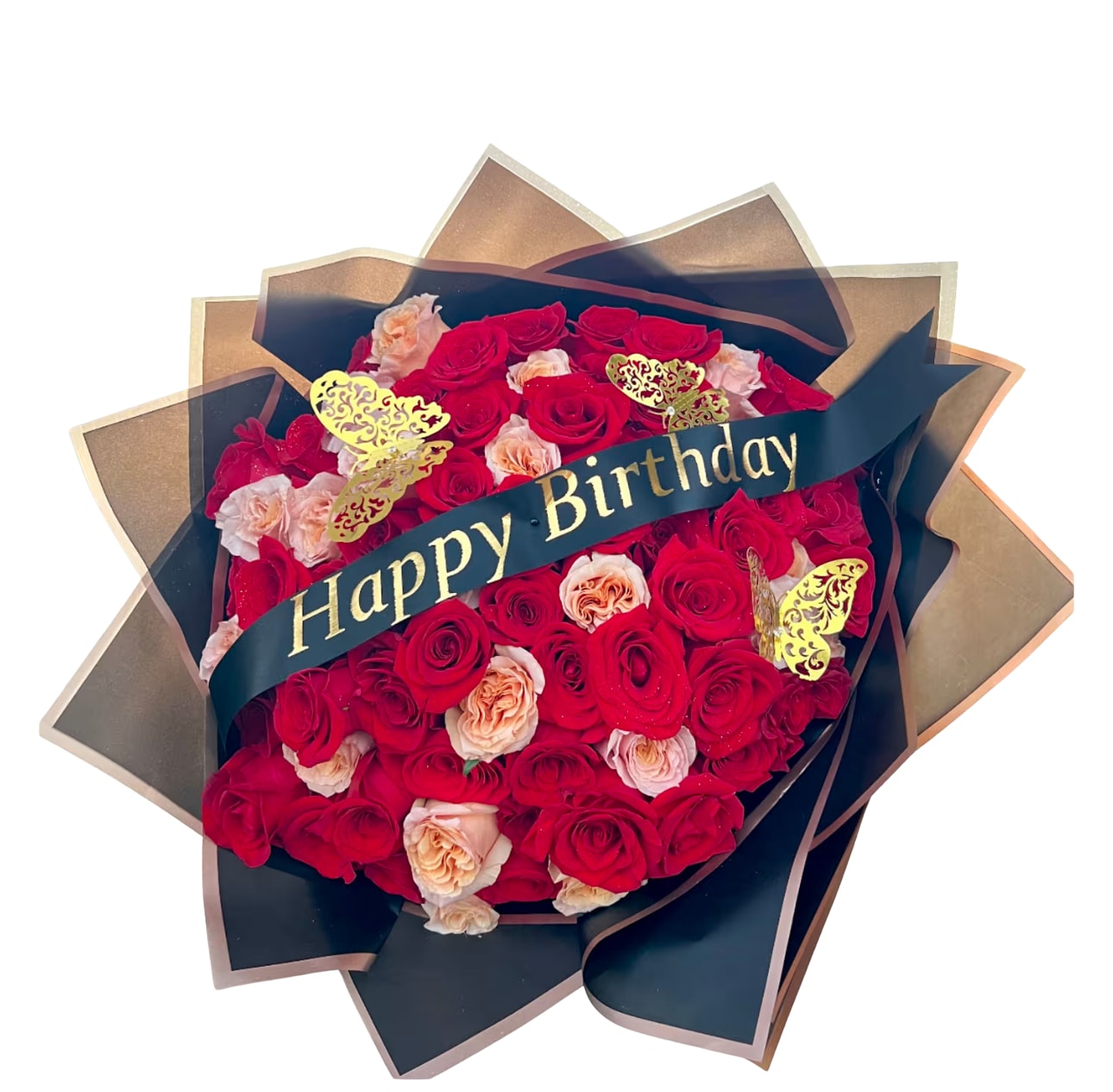 Feeling Special Bouquet by D'Lily's Flowers  - A stunning all rose bouquet for any occasion with added butterfly's and a custom ribbon added. For Custom Ribbon: Please specify your message in special instructions.   Disclaimer: This is a wrapped bouquet. No Vase is Included. 