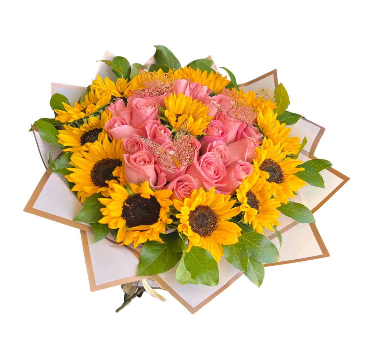 Sunshine Blooms  by D'Lily's Flowers  - A stunning combination between pink roses and beautiful sunflowers brought together to brighten up anyone's day! Disclaimer: This is a wrapped bouquet. No Vase is Included. 