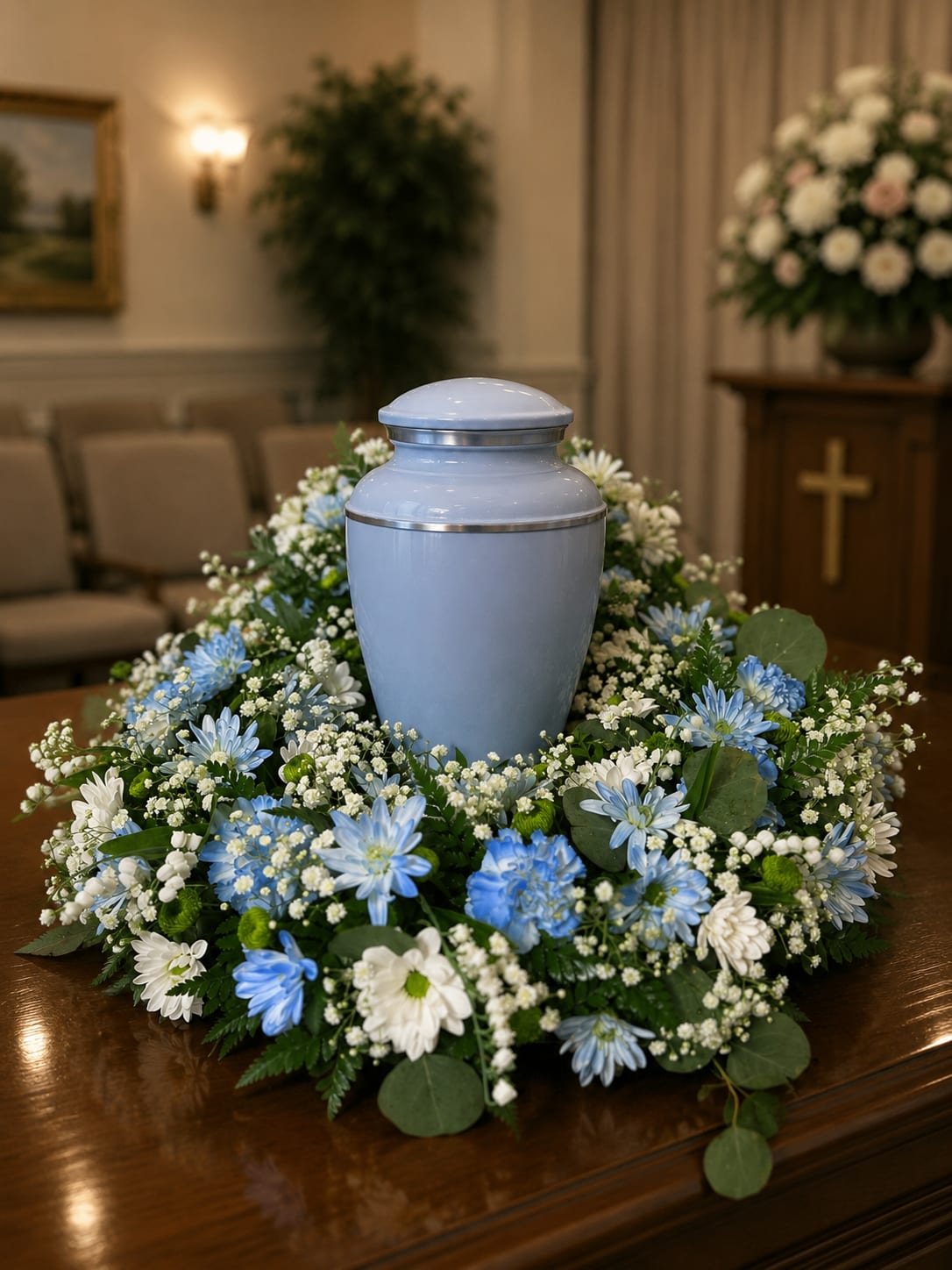 Shades of Blue Urn wreath - A mix of various flowers in the shades of blue and white.  At time of order substitutions may apply due to availability.