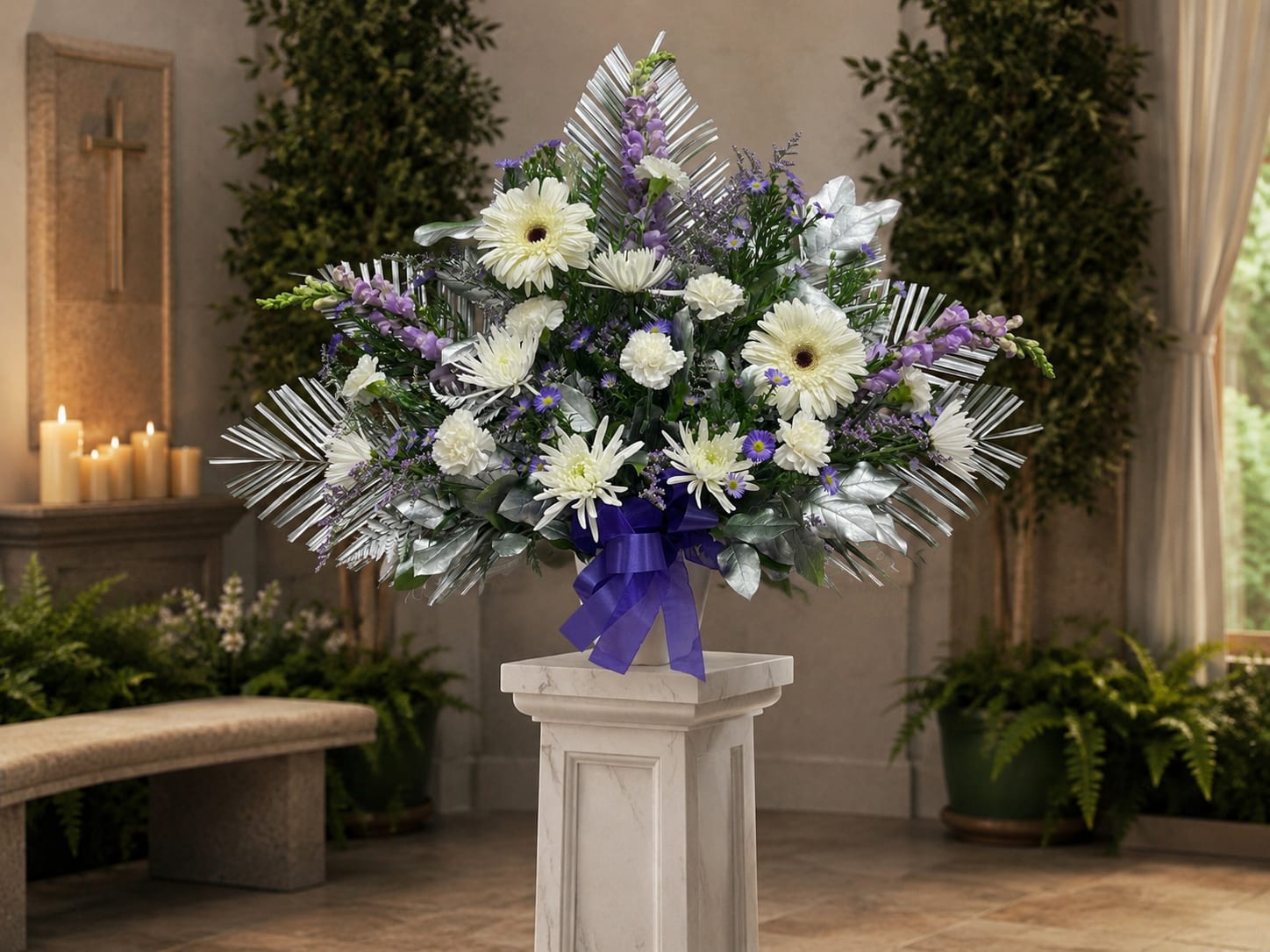 TB22 - Purple. White and Silver Traditional Sympathy Basket - An array of purple, white and silver for a classy farewell.