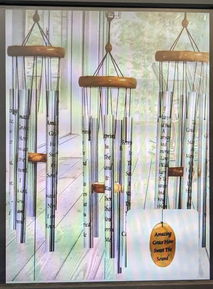 Amazing Grace Windchime - Wooden - These chimes are 40" in overall length and feature a wooden sail. Engraved on this sail you'll find the phrase, "Amazing Grace". On the chimes themselves, you'll find the full poem.