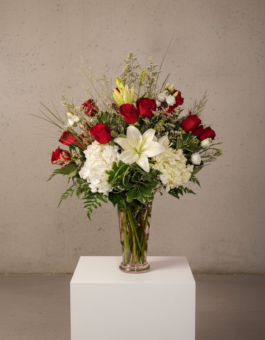 Red roses and white lilies arranged in a clear glass vase