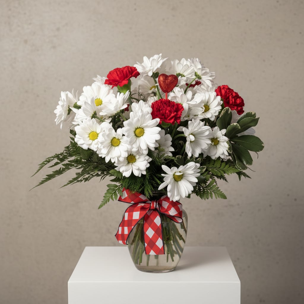 Bouquet of white daisies and red carnations in a glass vase with a red plaid ribbon