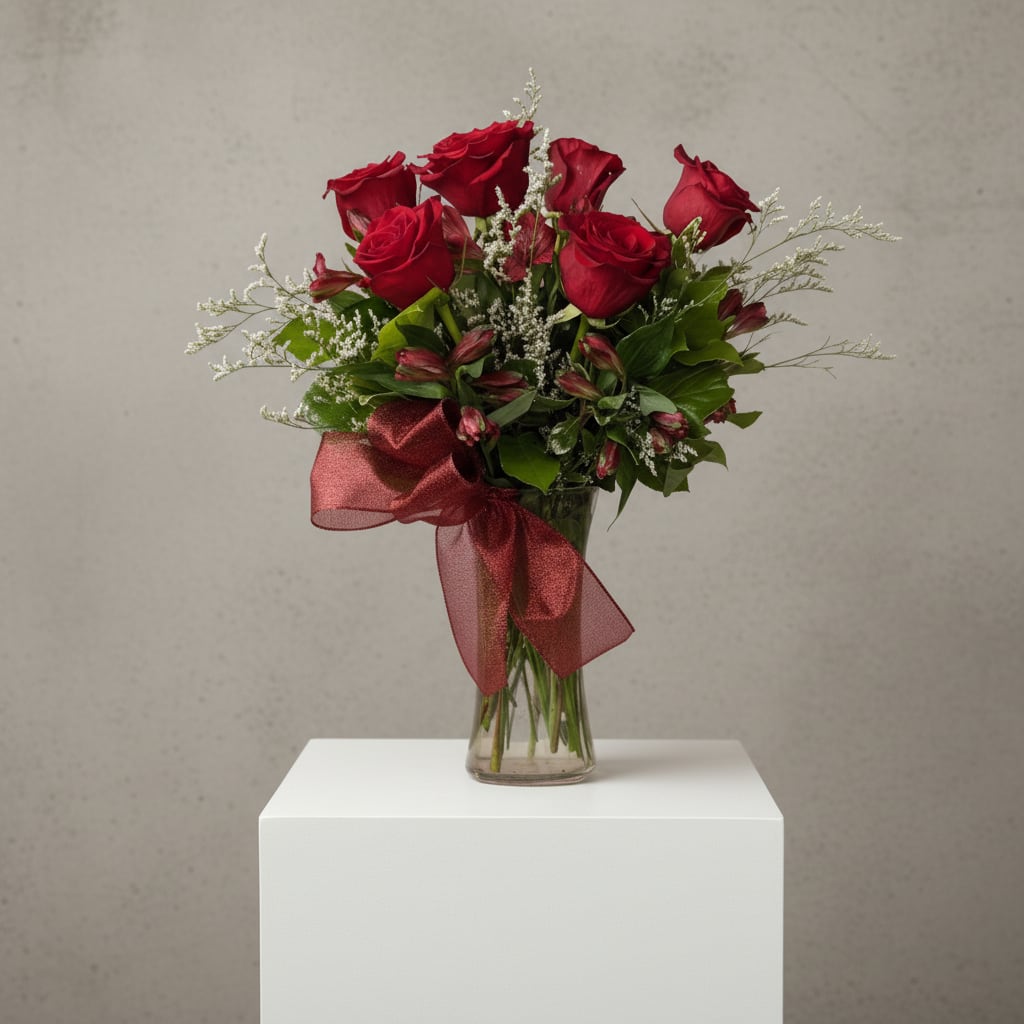 Half Dozen Long Stemmed Roses - The perfect bouquet to let her know that you are thinking of her and that you love her. Six beautiful Prima Red Roses are arranged in a crystal clear vase and accented with a bow to help you make her day.