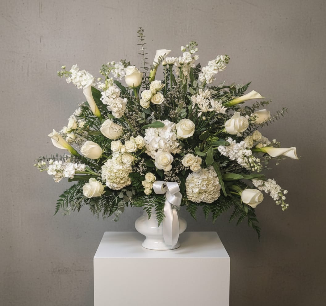 White floral arrangement with roses, calla lilies, and hydrangeas in a white vase