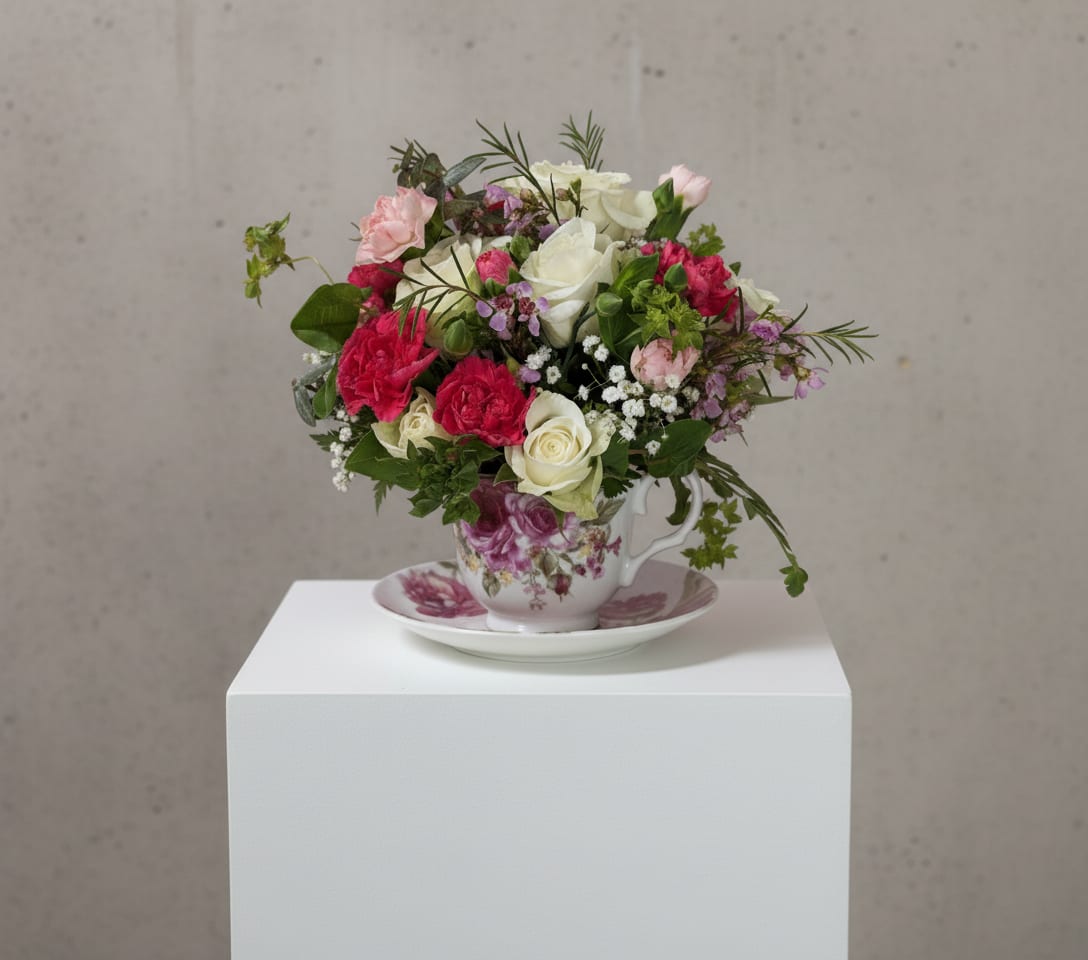 Teacup Arrangement - Time for Tea with this adorable &amp; dainty arrangement. This teacup is designed with a mix of fresh spray roses, assorted daisies, and accents of delicate limonium, gyp, &amp;/or monte. 