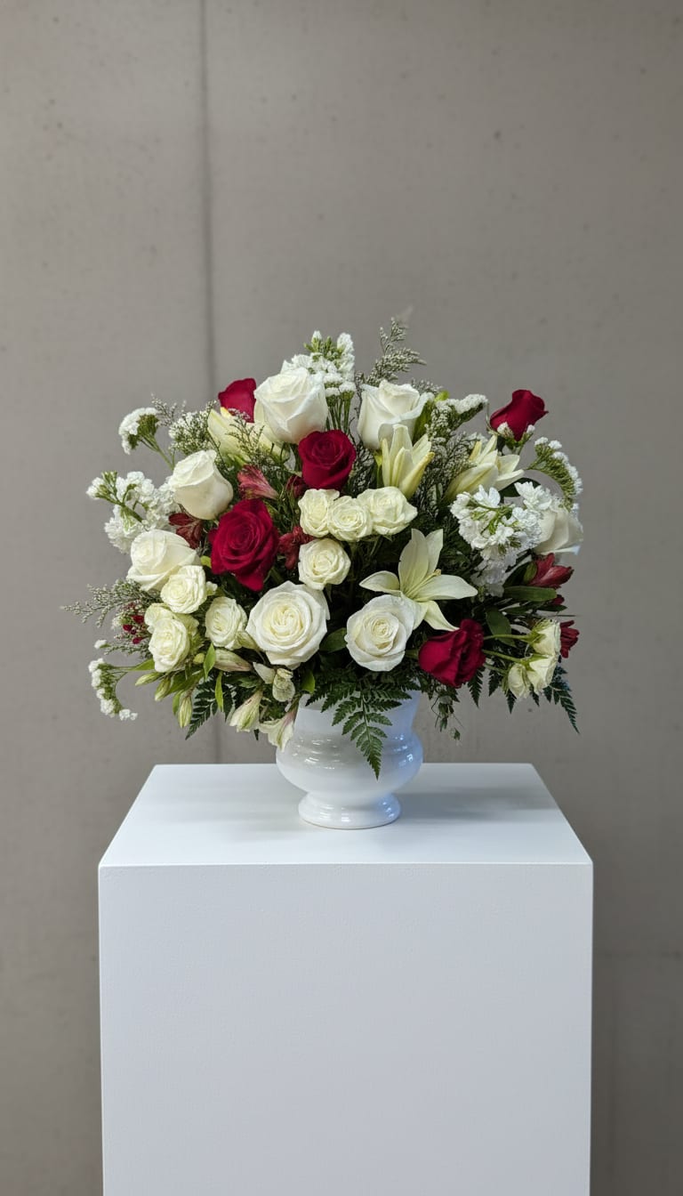 Always &amp; Forever - Always and Forever blends red and white roses with lilies, stock, spray roses, limonium, and statice for a timeless expression of love and remembrance. Perfect for anniversaries, heartfelt celebrations, or moments of sympathy when words fall short.