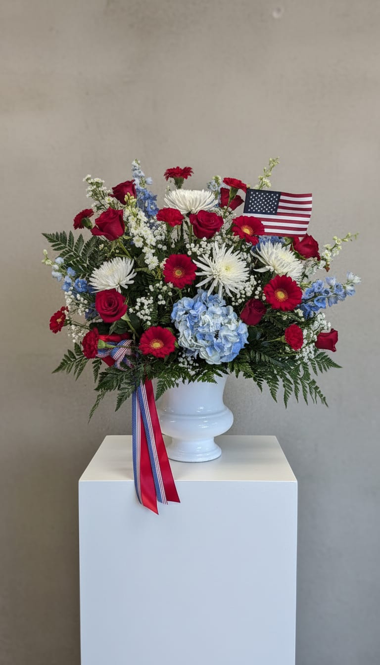 Salute - Salute is a dignified arrangement of patriotic red, white, and blue blooms, thoughtfully designed to convey honor, remembrance, and heartfelt sympathy. This meaningful bouquet offers a quiet yet powerful expression of peace, hope, and enduring strength, making it a fitting tribute for honoring a life of service or expressing sincere condolences.