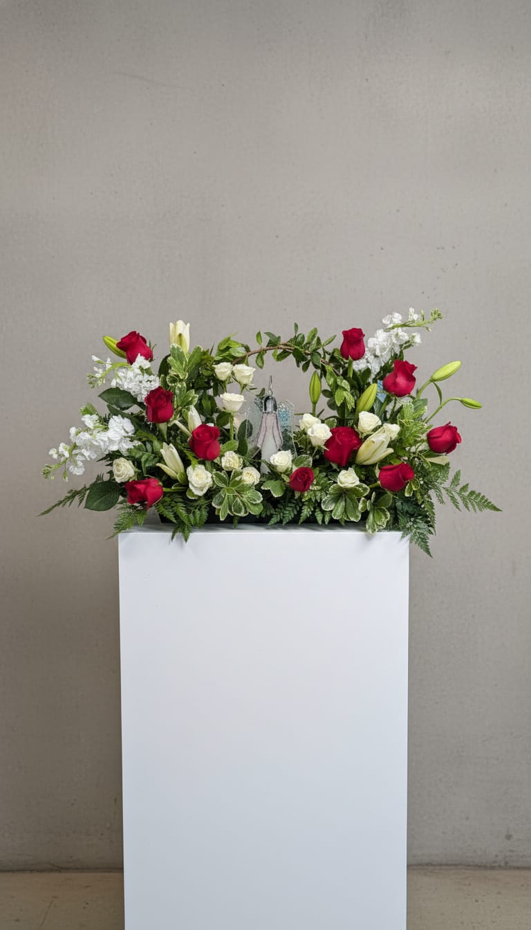 Heaven's Gate - Heaven’s Gate is a graceful and deeply meaningful tribute of love and faith. Featuring one dozen red roses, white lilies, fragrant stock, and delicate spray roses, this breathtaking arrangement surrounds a handcrafted stained glass angel created by our in-house artist. An arch of lush green myrtle rises above the design, symbolizing peace and eternal life, while spiral eucalyptus adds gentle movement and texture. Thoughtfully composed, Heaven’s Gate offers a powerful expression of comfort, hope, and the promise of heaven’s embrace.