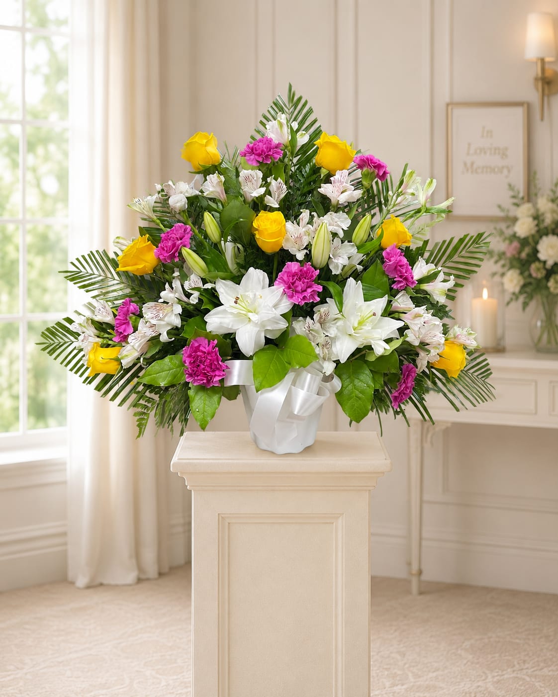 TB27 Sympathy Basket - A mixture of white and yellow daisies, ferida carnations, white roses, white fuji mums, white lilies, baby's breath, greens and white bow  Banner - $15.00 + extra  Substitutions may apply due to flower availability