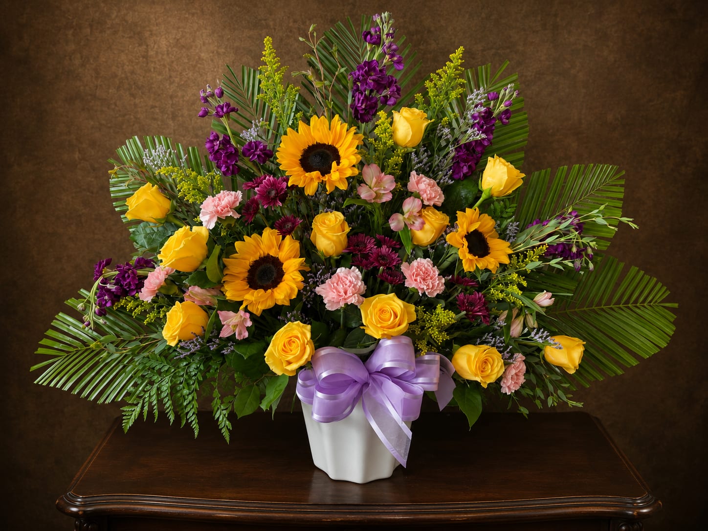 6304 Sympathy Fresh - One sided sympathy fresh includes, snap dragons, yellow roses, solidago, purple alstromaria, sunflowers, white cushion mums, spider mums greens in a versitile container.  (substitutions will be made to value upon availability)