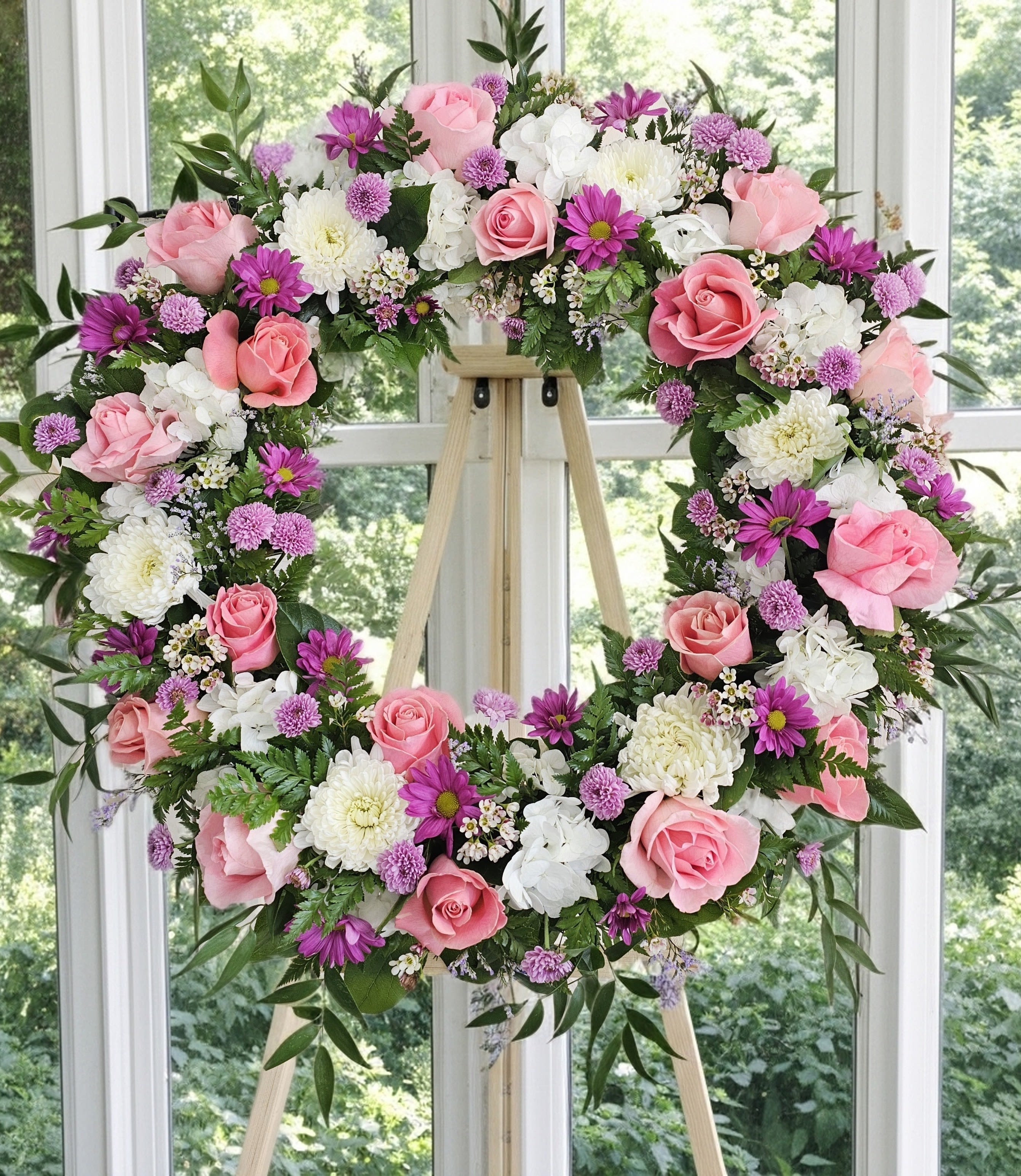 Floral wreath with pink roses, white blooms, and purple daisies on an easel