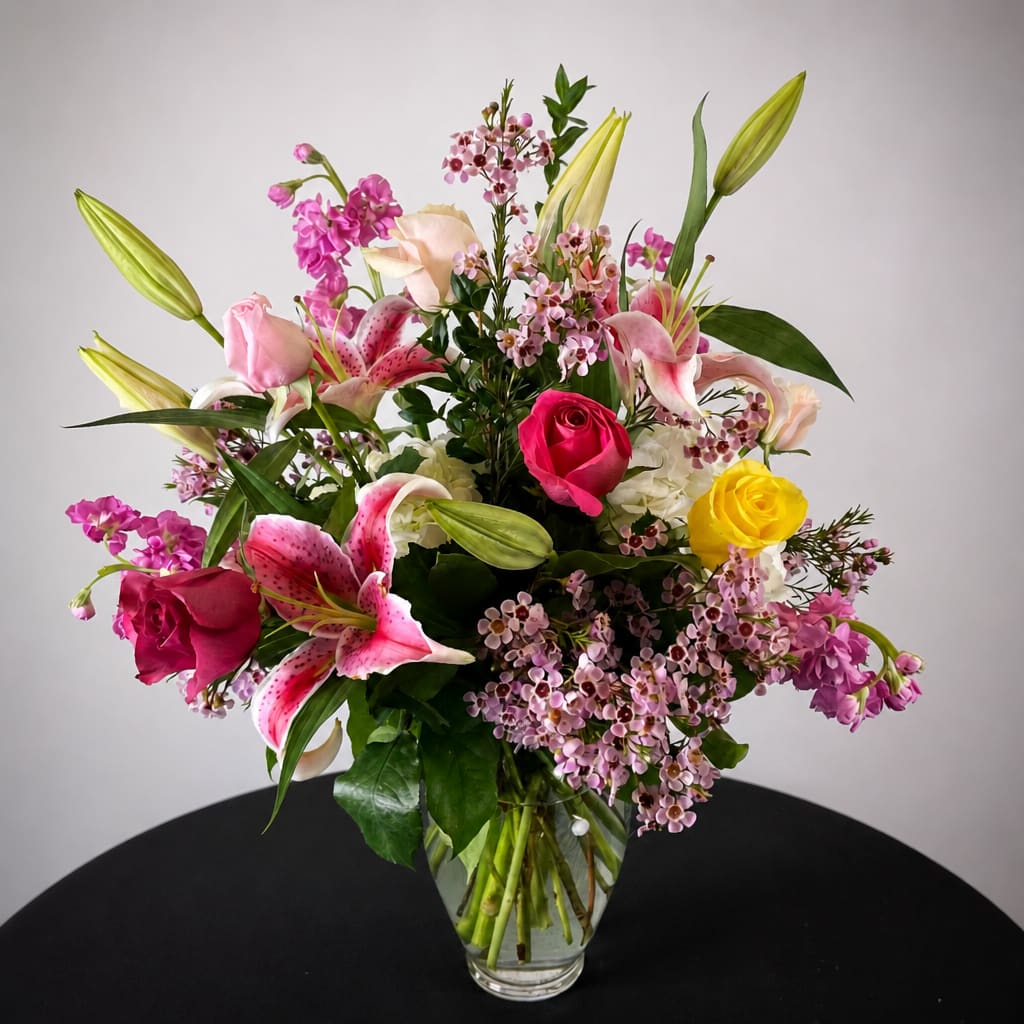 Mixed bouquet of pink lilies and roses in a clear glass vase
