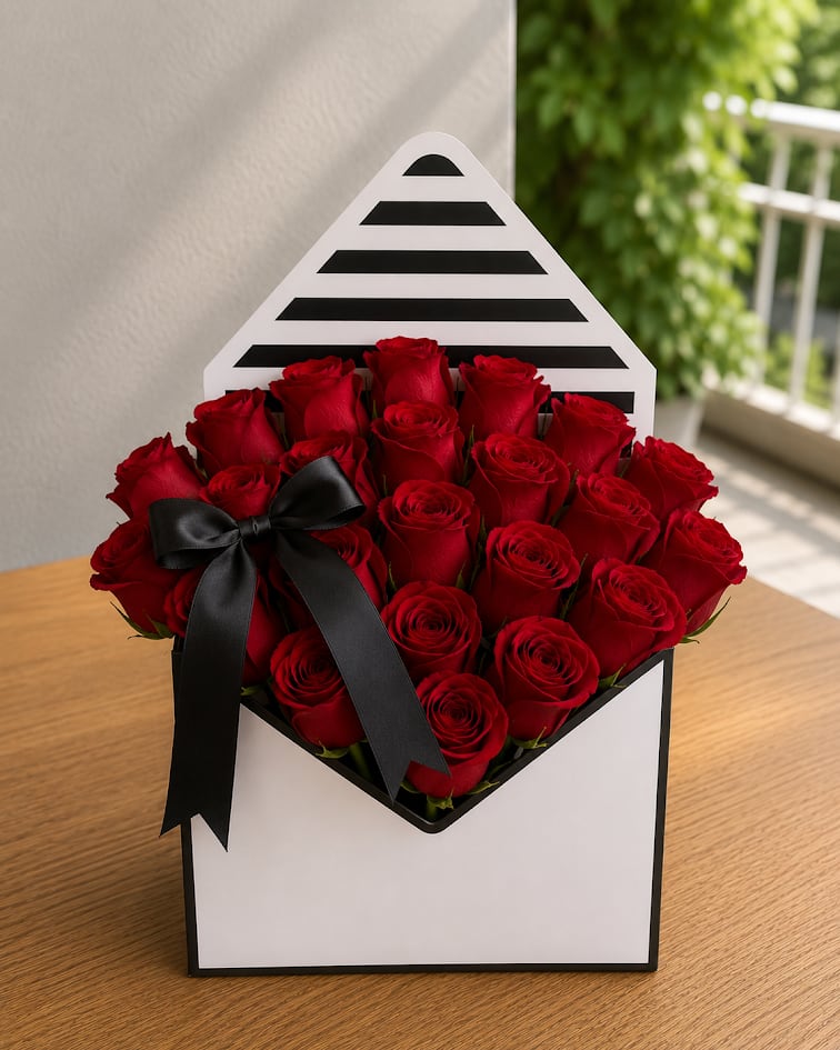 Red roses arranged in a black-and-white striped gift box with a black ribbon