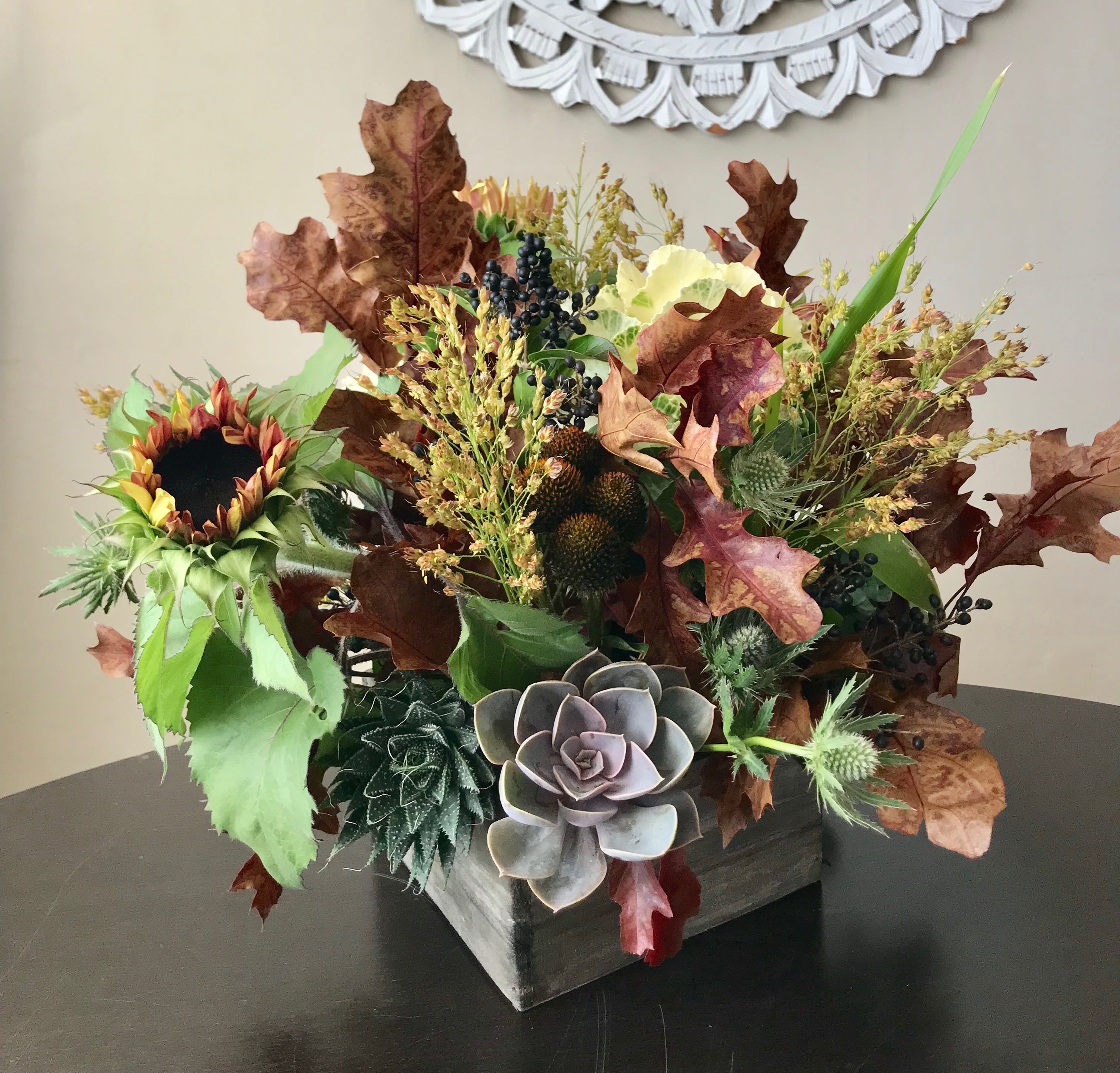 We Love Fall &amp; Succulents - Chocolate Sunflowers and subtle fall hues.  Pops of succulents for that extra wow factor.