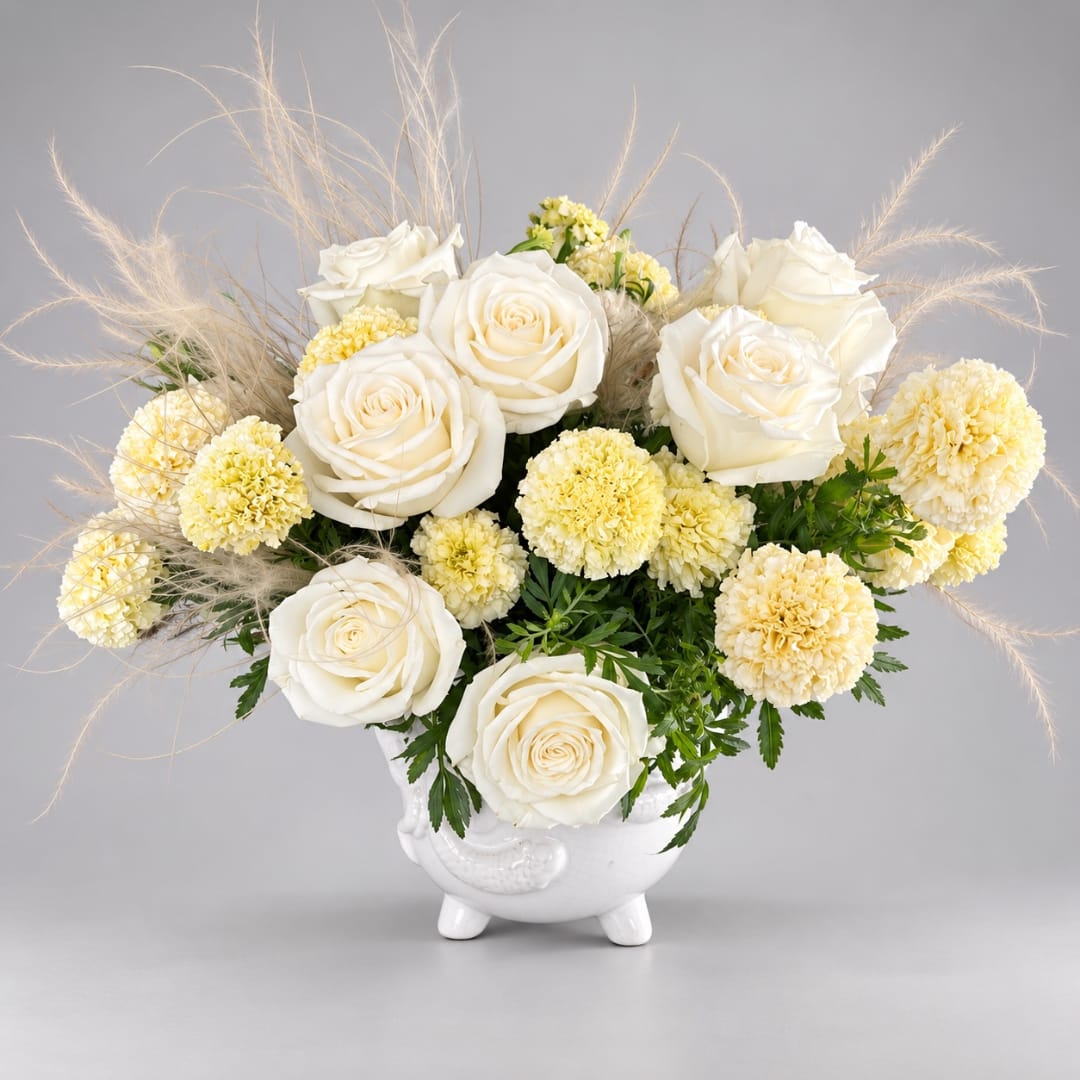 White roses and pale yellow carnations in a white vase with airy pampas grass