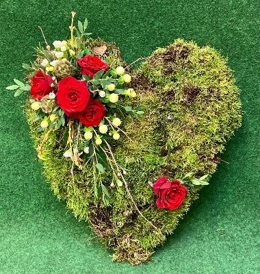 Heart-shaped moss arrangement with red roses and small white flowers