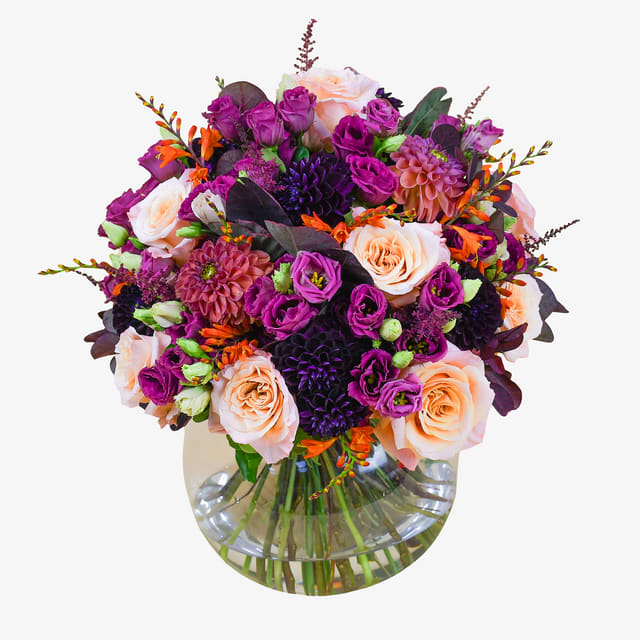  luxury and beauty   bouquet - A gift of luxury and beauty, this gorgeous bouquet features classic roses, lisianthus and dahlias in stunning shades of pinks and purples. Exquisite blend of colors create a stunning and harmonious display, perfect for any special occasion or to brighten up any living space.