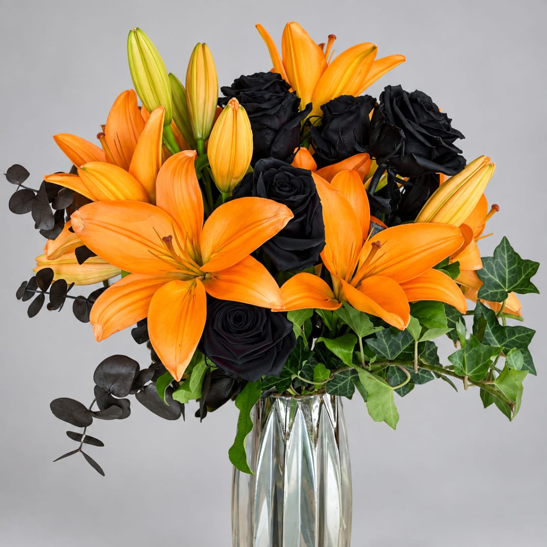 Orange lilies and black roses in a clear glass vase
