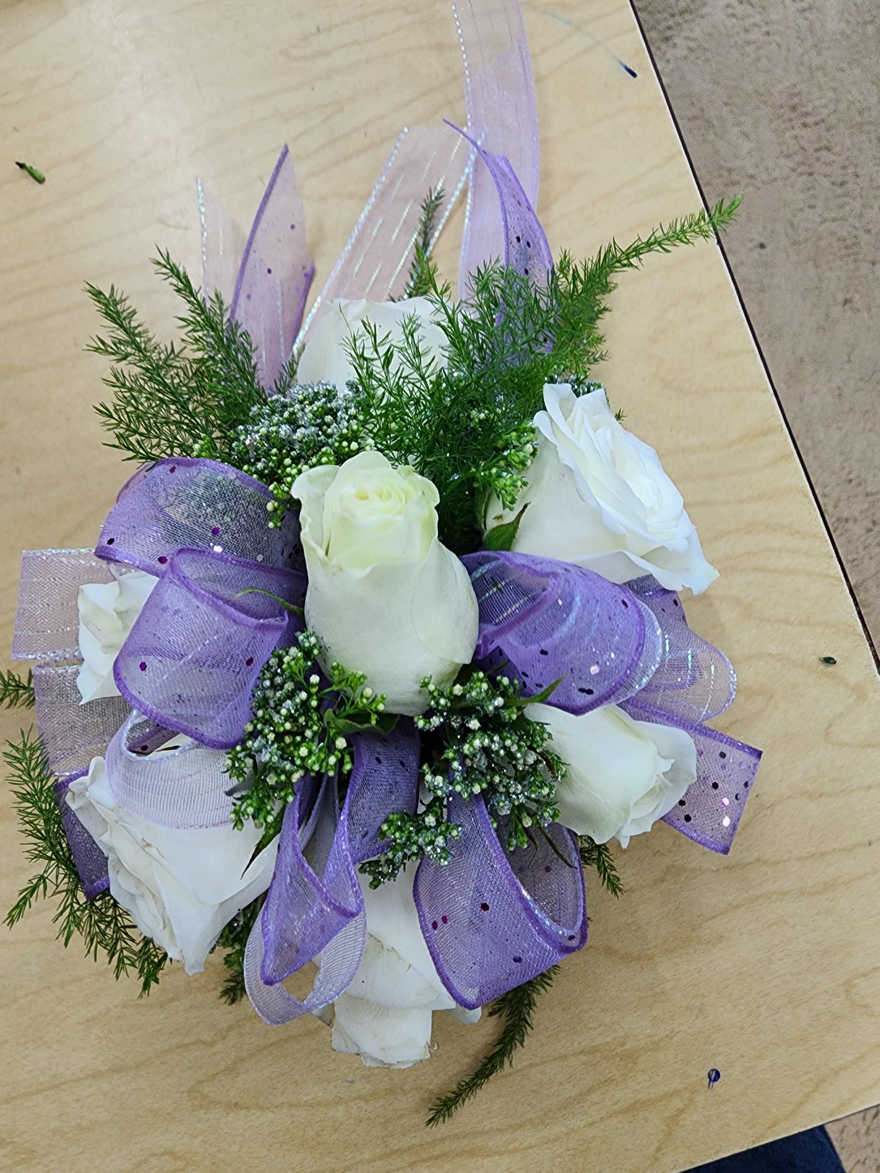 Lavender &amp; White Corsage set - The Sweetest white spray roses, lavender ribbon, white and silver accents with fresh greenery is lush and beautiful for prom. Paired with matching white rose boutonniere. 